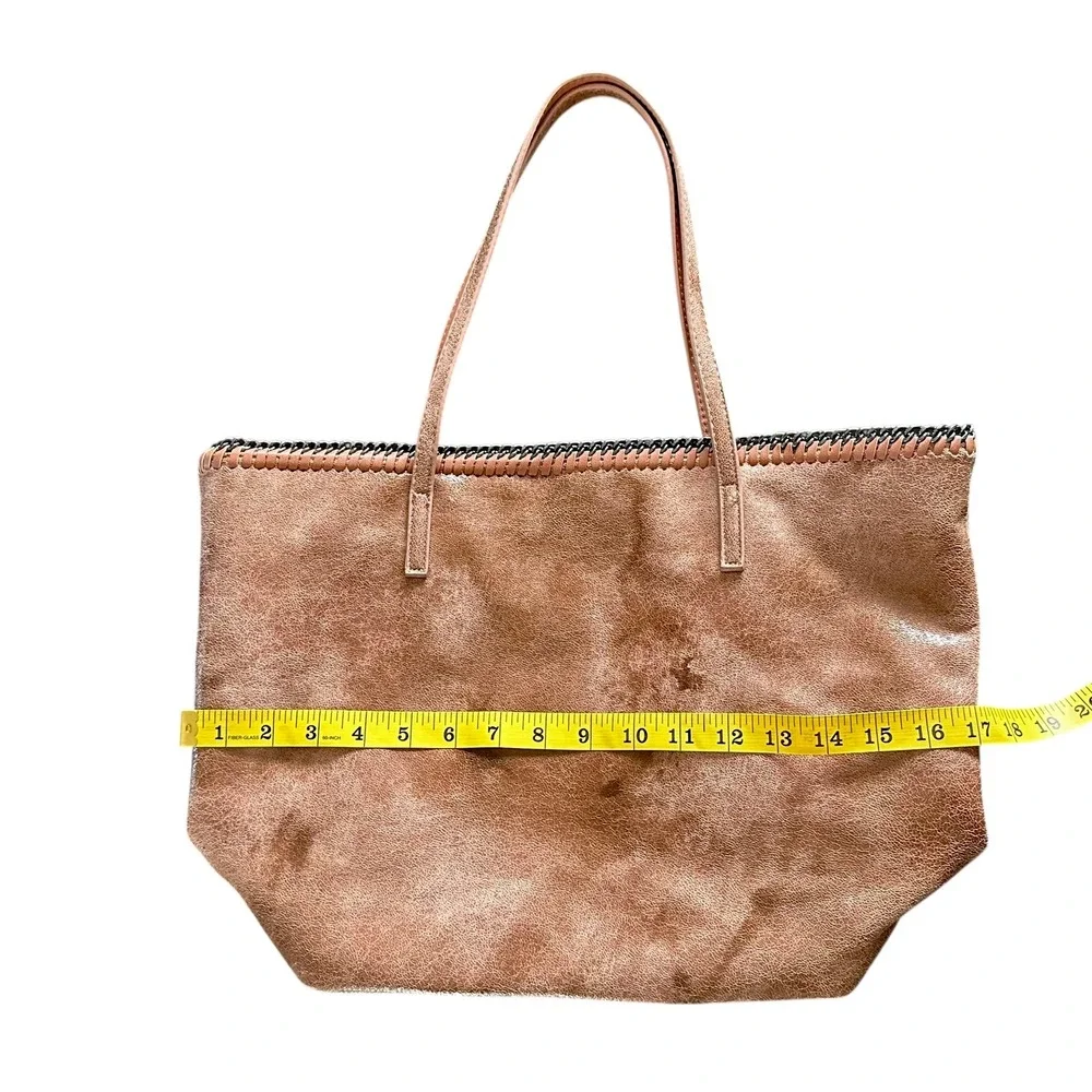 Chico's Marbled Faux Leather Large Tote Bag Blush Tan Brown Metal Chain Trim NEW